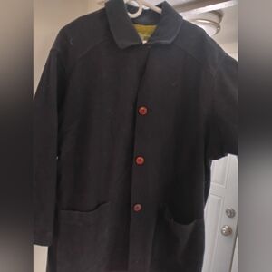 Elegant Black Pea Coat with Red Buttons